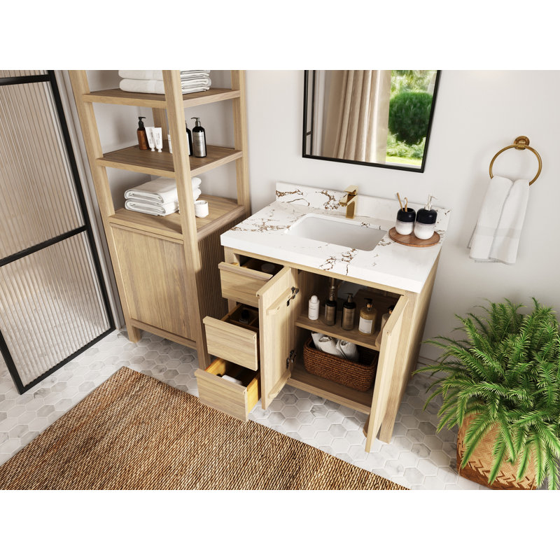 Chêne blanc Elizabeth X P 22 po Meuble-lavabo central D Quartz, Calacatta Laza