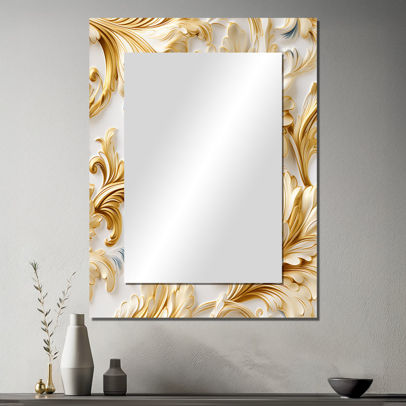 Sruthy Gold And White Gilded Damask Reverie - damask  Large Wall Mirror, Boho Unique Mirror, Printed Metal Art, 40" x 30"