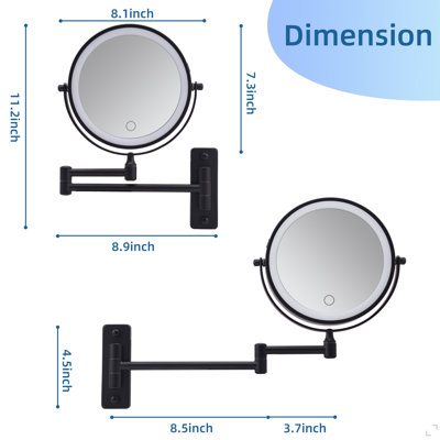 Miroir de maquillage mural lumineux, miroir grossissant 1X / 10X double face rechargeable avec lumière, 3 lumières de couleur, à intensité variable tactile, miroir de maquillage mural à rotation prolongée sur 360 degrés