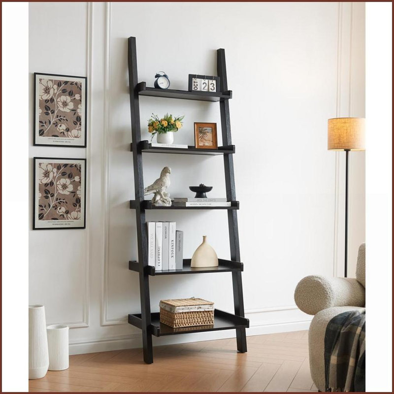 Ladder Bookcase 5 Shelf Modern Multi-Depth Shelves Rounded Corners | Espresso | Particle Board+MDF