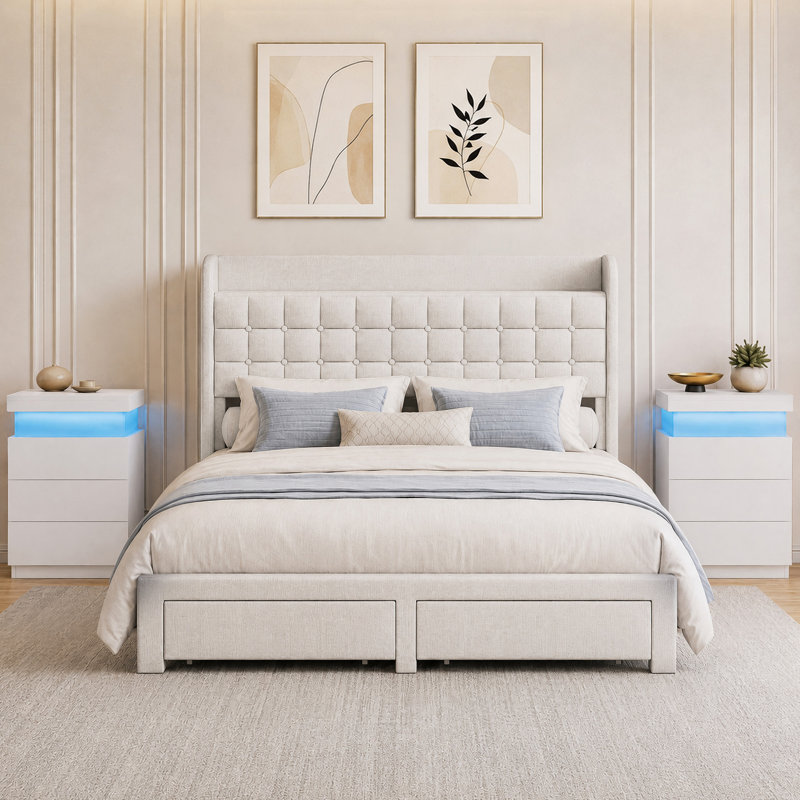 Ensemble de chambre à coucher tapissier Chrisha, Beige / Blanc, Grand lit
