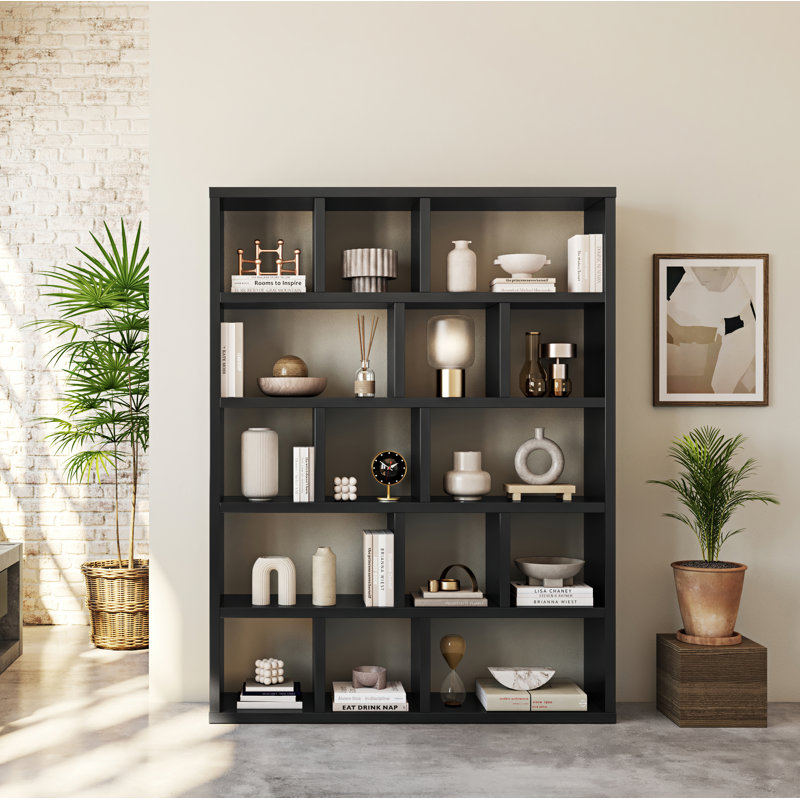 Bibliothèque en bois manufacturé Stetson, (Cinq tablettes) H 78 po x l 59 po x P 13 po, Noir pur