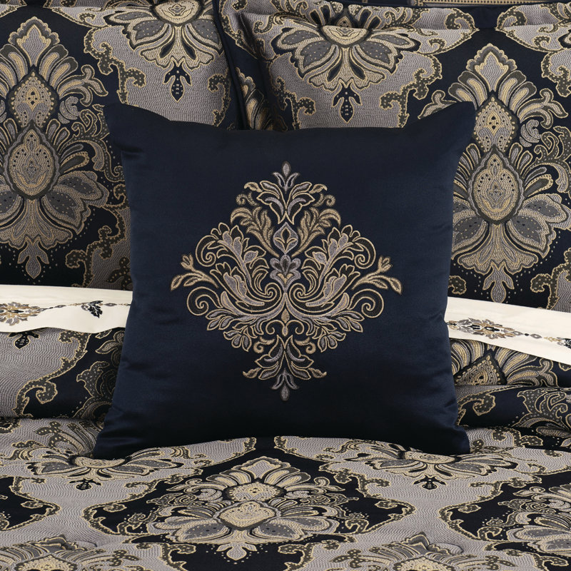 Coussin décoratif carré Bradley, Carré 18 po, Bleu marine damassé 1