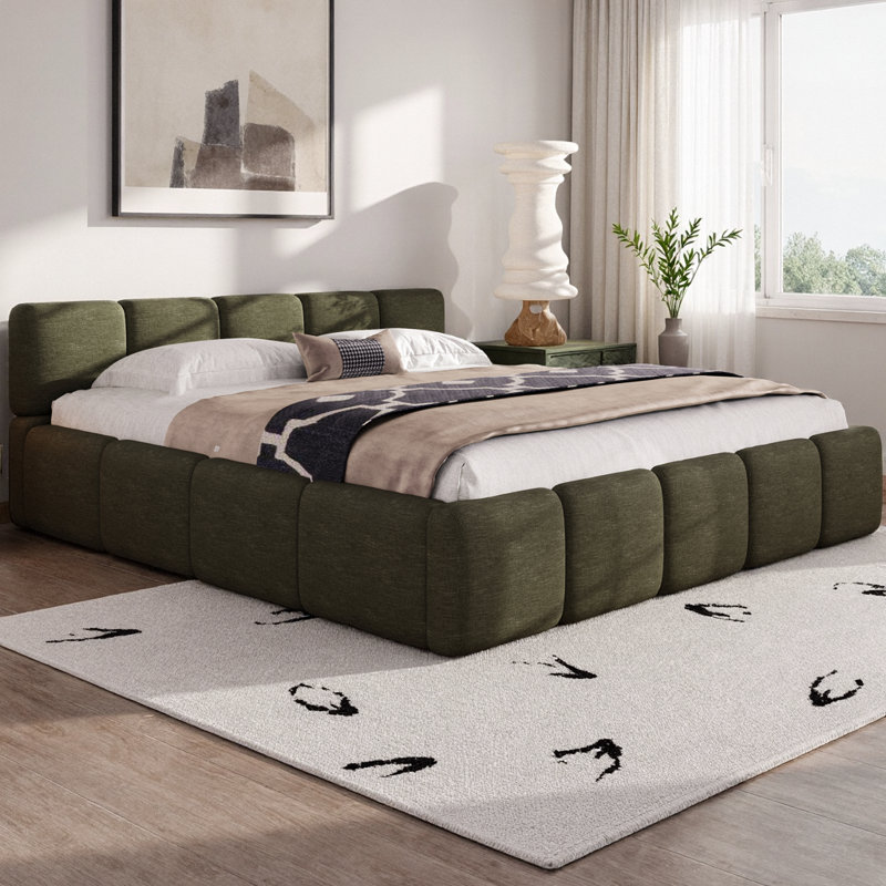 Cocoon King Size Platform Bed with Thick Linen Headboard and Footboard, Upholstered Grounded Block Design, Solid Wood Support, No Box Spring Needed, 800 lb Capacity