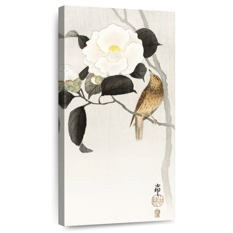 Oiseau chanteur et camélia en fleurs, H 42 po x l 21 po