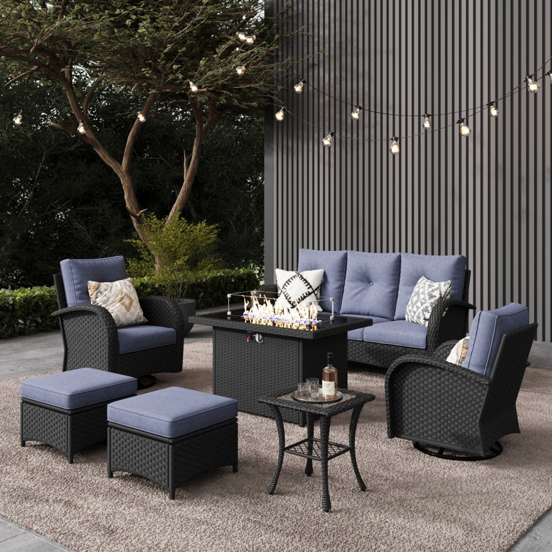 Gainford 7 - Person Patio Conversation Set with Cushions, Navy Blue, Black