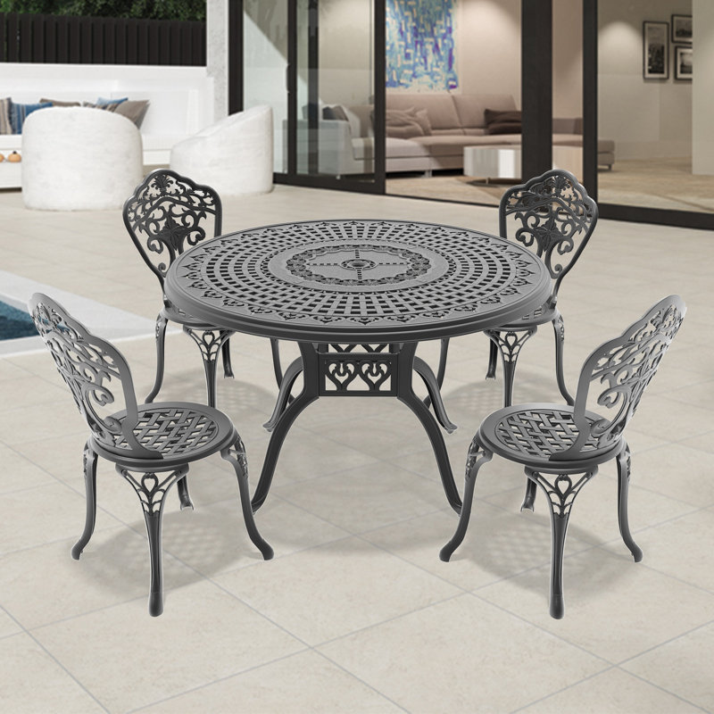 5-Piece Set Of All-Weather Cast Aluminum Dining Furniture Set With Black Frame For Patio Garden Backyard, 4