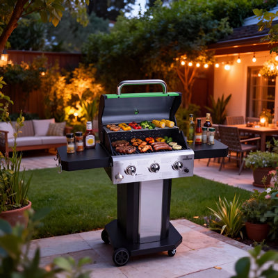 Lpg Grill With Side Table, Stainless Steel, 3X10,000 Btu Heat Output, Ideal For Backyard Cooking, Picnics, And Garden Use