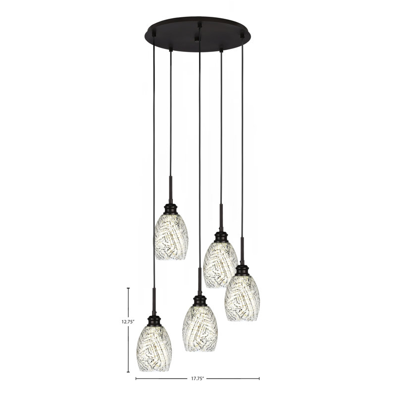 Edge 5 Light Cluster Pendalier Shown With 5" Fusion Glass, Espresso, Natural Fusion