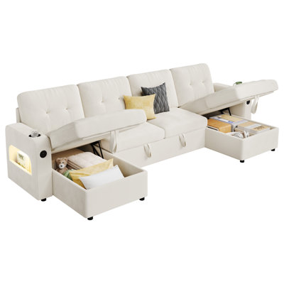 Canapé-lit modulaire polyvalent en forme de U - Canapé modulaire escamotable de 107 po avec méridienne de rangement, charge USB, porte-gobelets, lumières DEL - Revêtement en velours pour le salon, flanelle de couleur claire