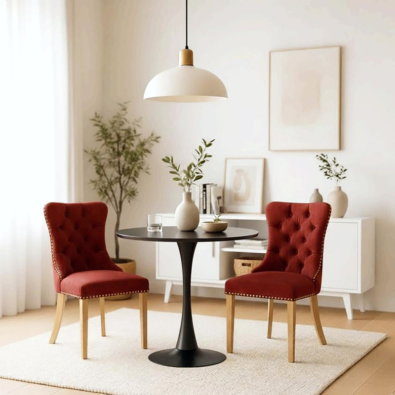 Dining Table Set,  24" Round Dining Table And 2 Velvet Dining Chairs With Gold-plated Legs, Black, Red