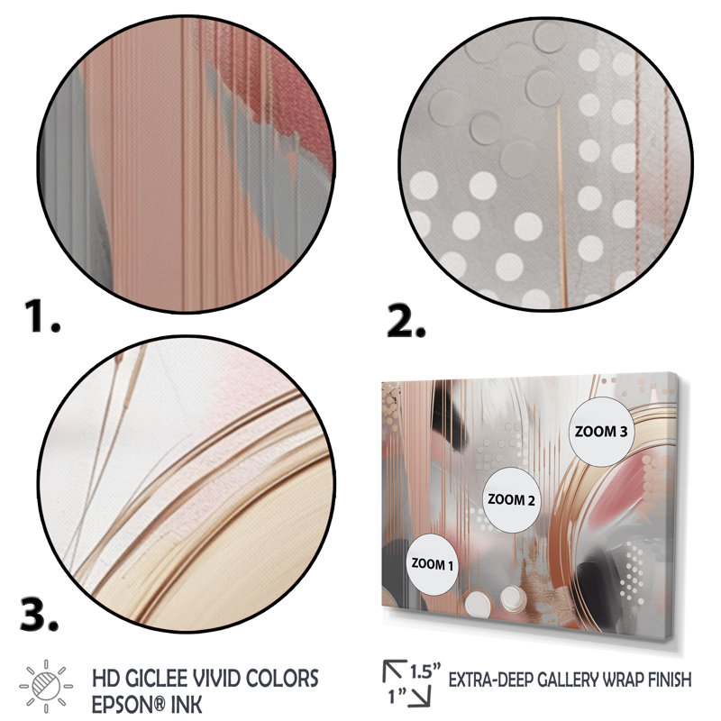 «Pink Rosegold Circle Chaos II», art moderne sur toile transitionnel, L 32 po x H 24 po, Cadre flottant doré