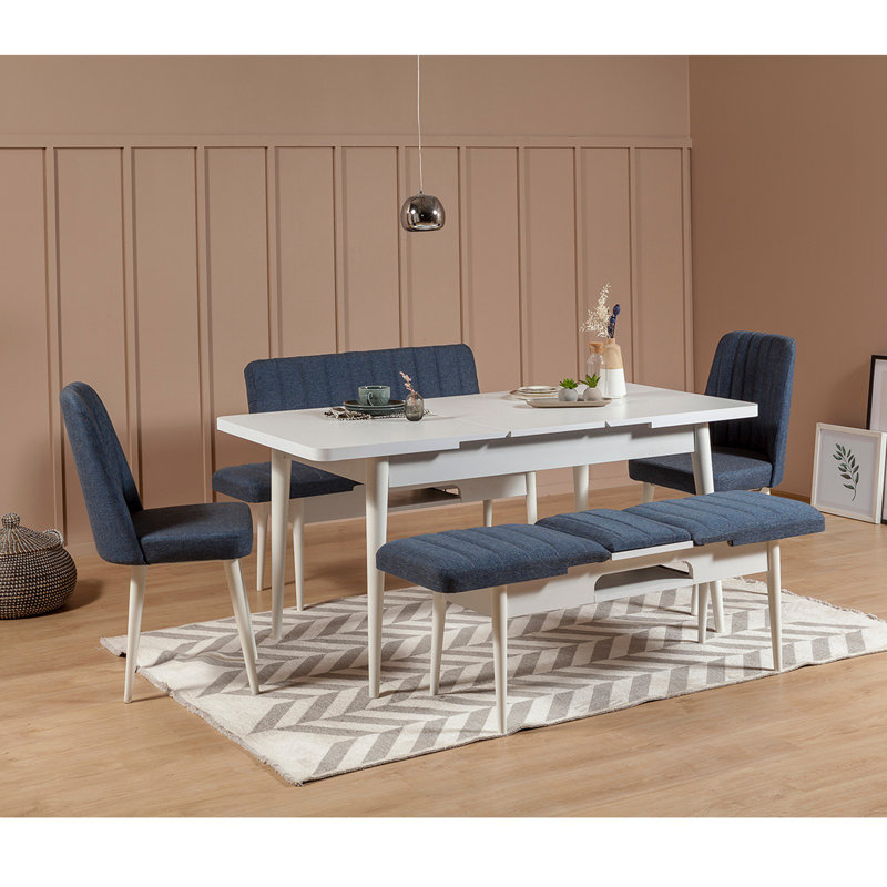 Ensemble de salle à manger Nawrocki, Blanc / bleu foncé, Blanc