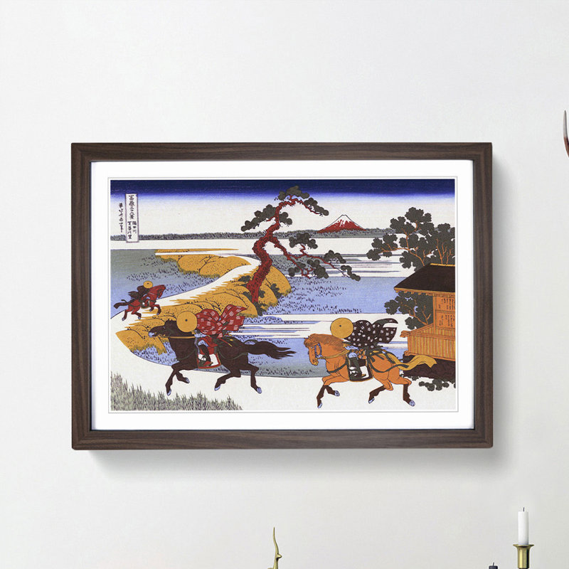 Horses in the Village of Sekiya by Katsushika Hokusai - Framed Print, 48cm H x 65cm W x 2cm D, Walnut Framed