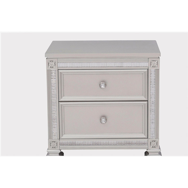 Glamour Modern Design Table de chevet 1pc avec 2 tiroirs, boutons en faux cristal, finition argentée