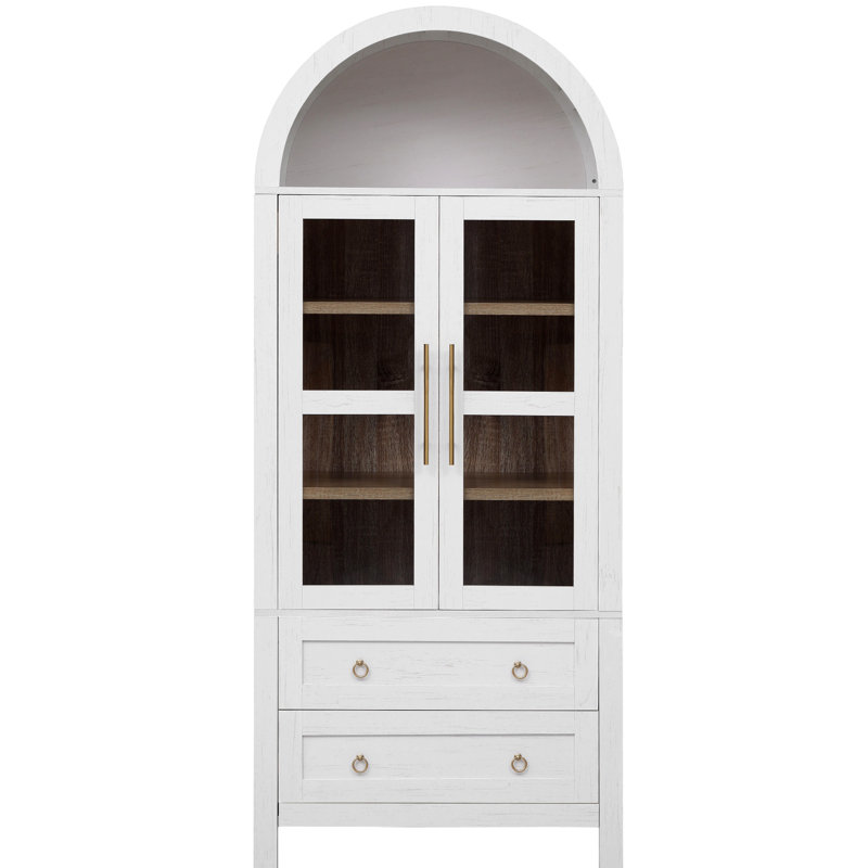 71" Tall Arched Kitchen Pantry Cabinet with 2 Large Drawers, Modern Farmhouse Kitchen Storage Cabinets with Adjustable Shelves, Glass Door, Wood Versatile Cupboard for Kitchens, Dining Room, White