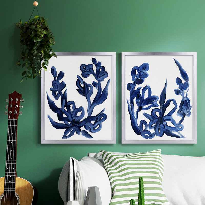 Indigo brossé Blooms I, toile encadrée de qualité supérieure - prête à être accrochée