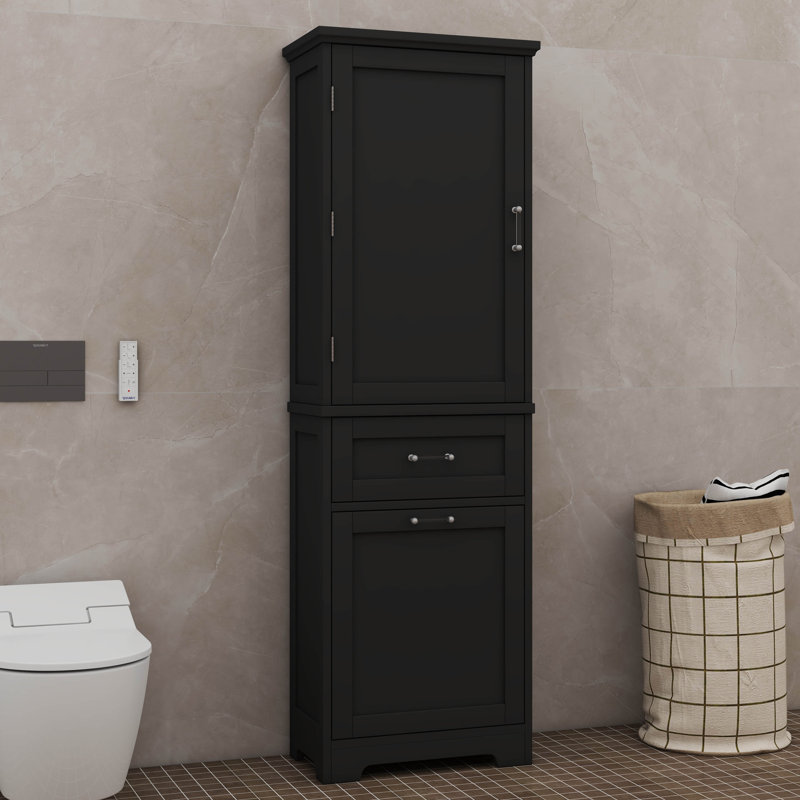 Tall Bathroom Storage Cabinet Freestanding With Two Different Sized Drawers Adjustable Shelf Painted Board, Black