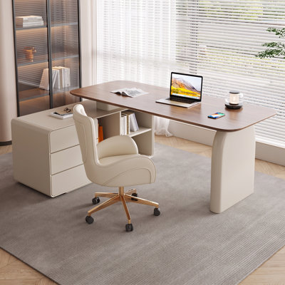 Modern Executive Desk with Storage Cabinet, Wide Wood-Grain Desktop, 3 Drawers & Open Shelves, Rounded Corner Home Office Desk