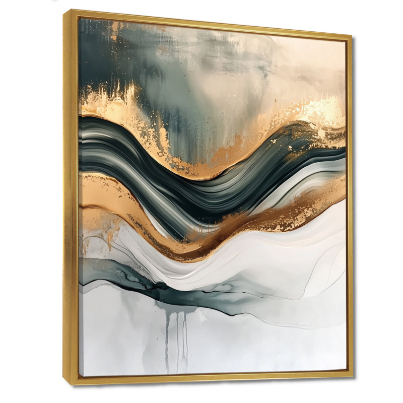Nykea, mélodie silencieuse de Golden Hard Edge Ink II - art mural abstrait, Impression encadrée flottante, H 32 po x l 16 po