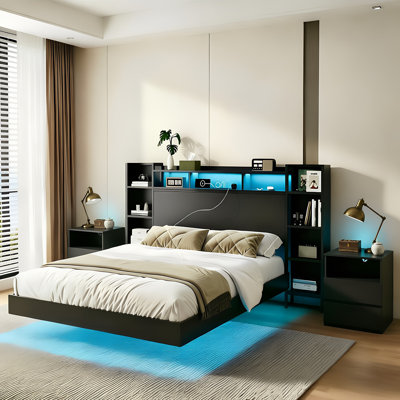 3-Piece Full Bedroom Sets, All-Metal Bed Frame with LED and 2 Wood Nightstands with LED light and Charging Station