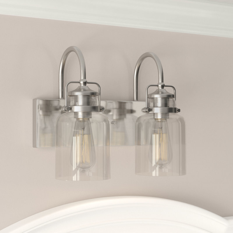 Éclairage pour salle de bain à intensité variable 2 lumières avec abat-jour en verre transparent Loucks 14 po, Nickel brossé