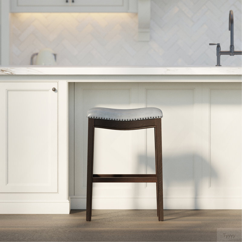 31In. H Bar-Height Wood Barstool With Gray Faux-Leather Seat, 1PC, Gray, Bar Stool (31" Seat Height), Brown