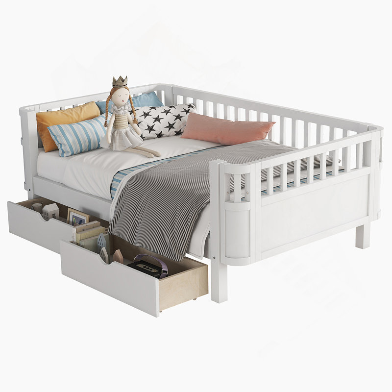 Lit plateforme en bois avec tiroirs de rangement, lit à profil bas avec rails, Simple, Blanc