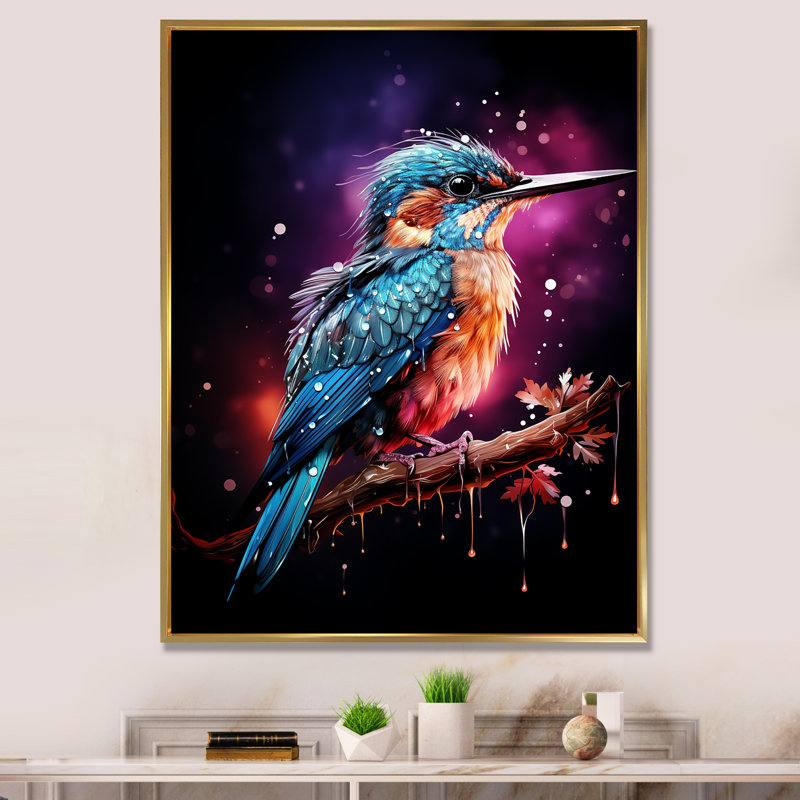 «Blue Humminbird Twilight - Colibri», art mural, Cadre flottant doré, H 40 po x l 30 po x P 1,5 po