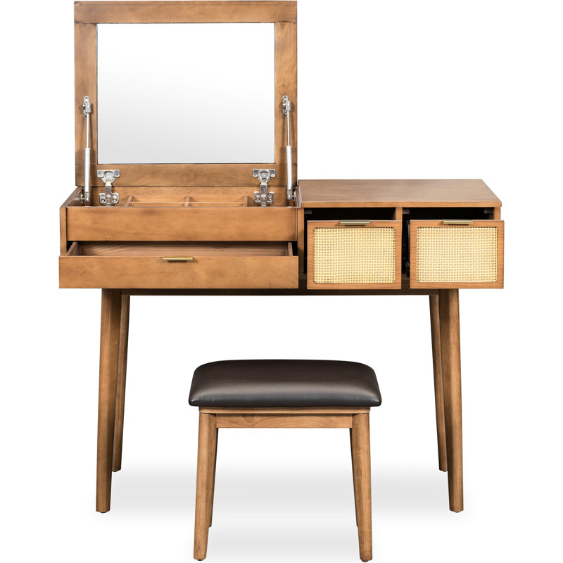 Brown Wood Dressing Vanity Table With Flip-Top Mirror & Stool, Three Drawers For Delicate Makeup Corner Solid Mirror, Stool And Exquisite Setup