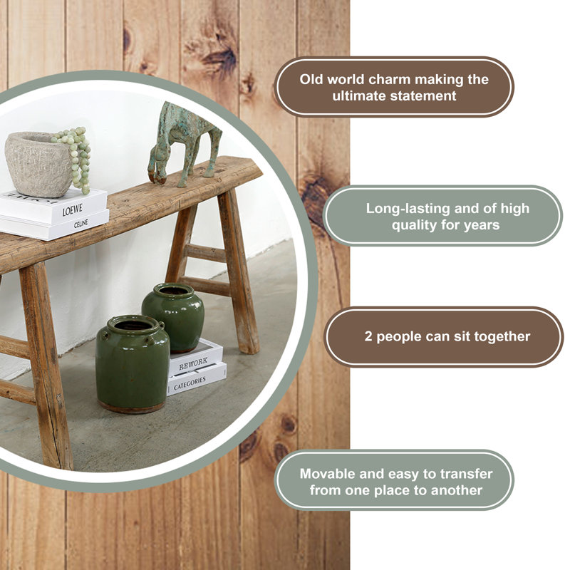 Lily's Living Vintage Noodle Bench, Weathered Natural Wood Finish , 20" H x 50" W x 5.5" D