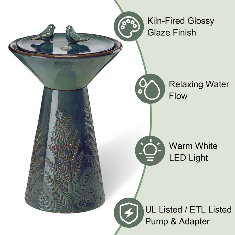 Two Birds Embossed Plant Pattern Pedestal Ceramic Fountain With Light, Turquoise