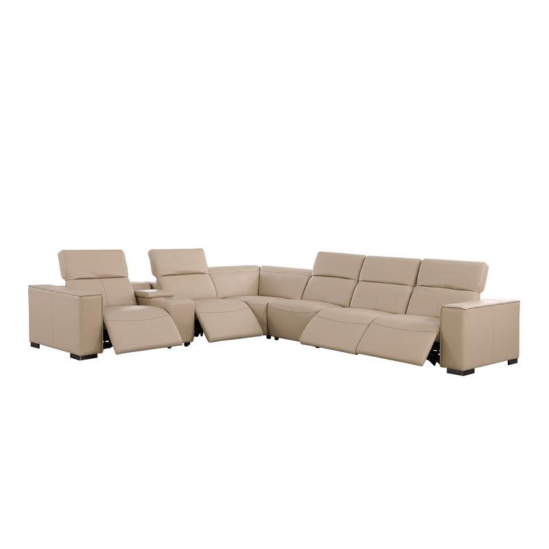 Huntington Luxurious Genuine Leather 7-Piece Sectional With 4 Power Reclining Seats & Power Headrest, Beige