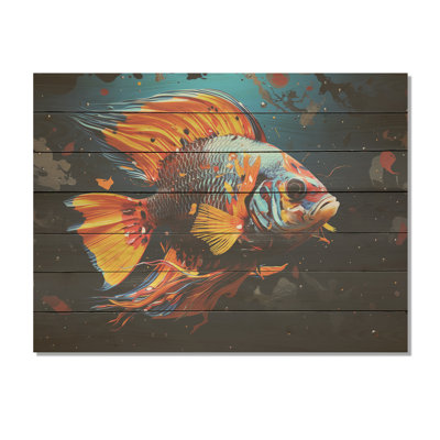 Orange Pop Art Fish Marine Burst I - Butterfly Fish On Wood Print