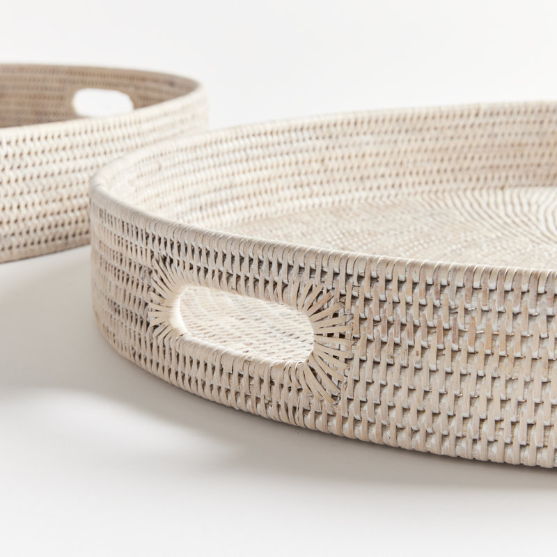 Rattan Tray - Set of 2, 3.75" H x 31.75" W x 31.75" D, White Washed