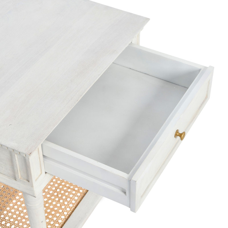 Ayleena Solid Wood End Table with Drawer and Woven Cane Storage Shelf, White