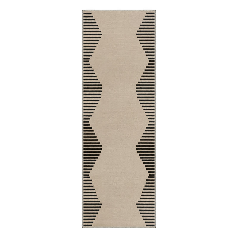 Abdellah Minimalist Geometric Wave Machine Washable Beige / Brown Indoor Area Rug with Non-Slip Backing, Runner 2'3" x 7'