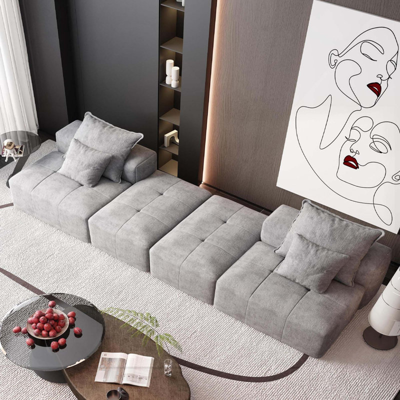 Canapé modulaire moderne 4 pièces avec repose-pieds et coussins pour une configuration et un confort flexibles, Gris