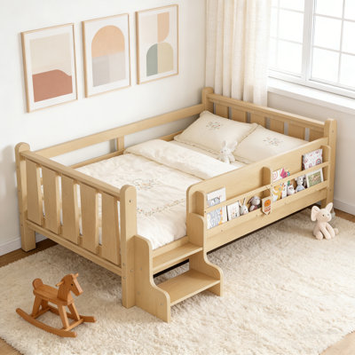 Lit simple pour enfants en bois massif avec bibliothèques de rangement, escaliers et garde-corps mignons, aucun sommier nécessaire (naturel clair)