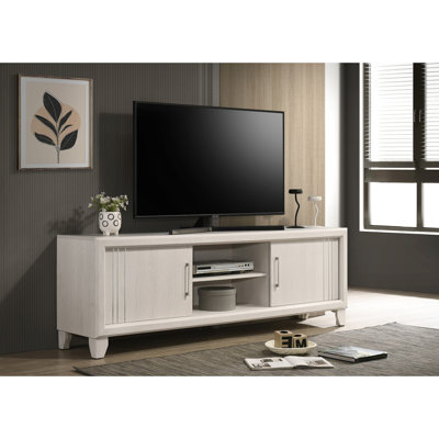 Meuble télé contemporain avec support de couleur beige, quincaillerie argentée, deux portes dissimulées et tablettes ouvertes, 71,1 po x 16 po pour les espaces de rangement du salon, 23,6 po de hauteur