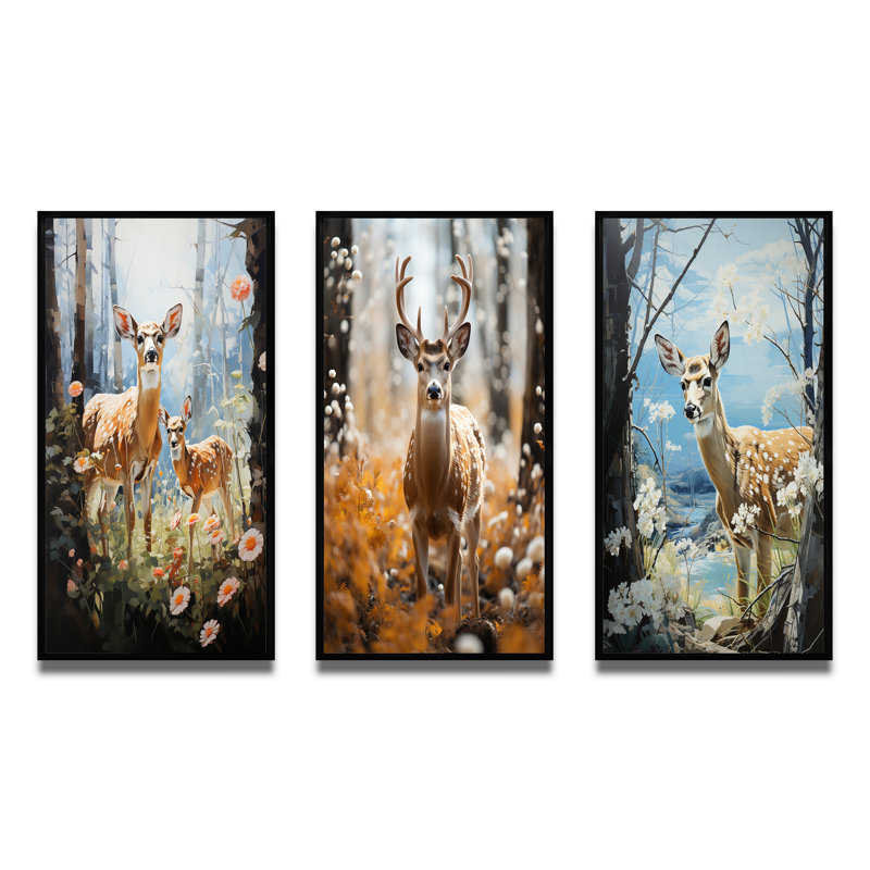 «Deer Graceful Fawn Pastoral», 3 pièces, Cadre noir, H 20 po x l 36 po