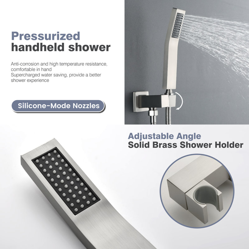 Brushed Nickel Rain Shower System with Handheld and Tub Spout