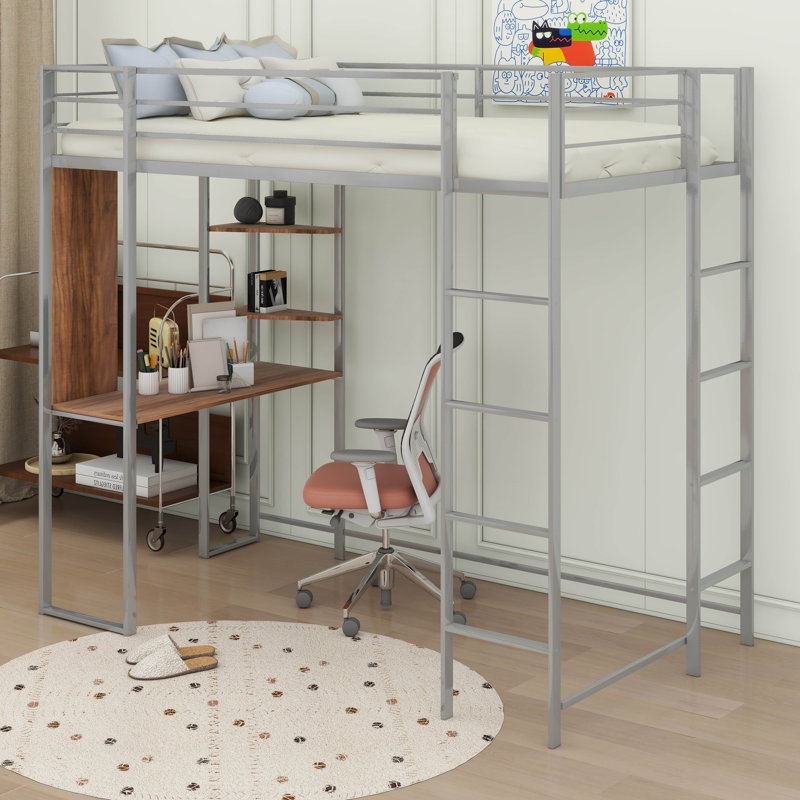  Lit mezzanine simple en métal Alexy avec 2 tablettes et 1 bureau, Argent
