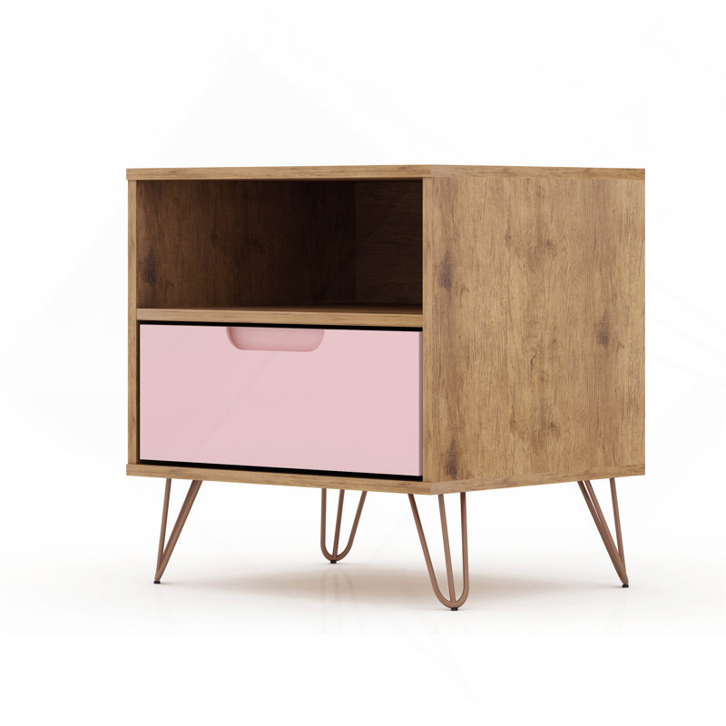 Rockefeller 20" Nightstand In Pink (1-Drawer), Pink/Bronze