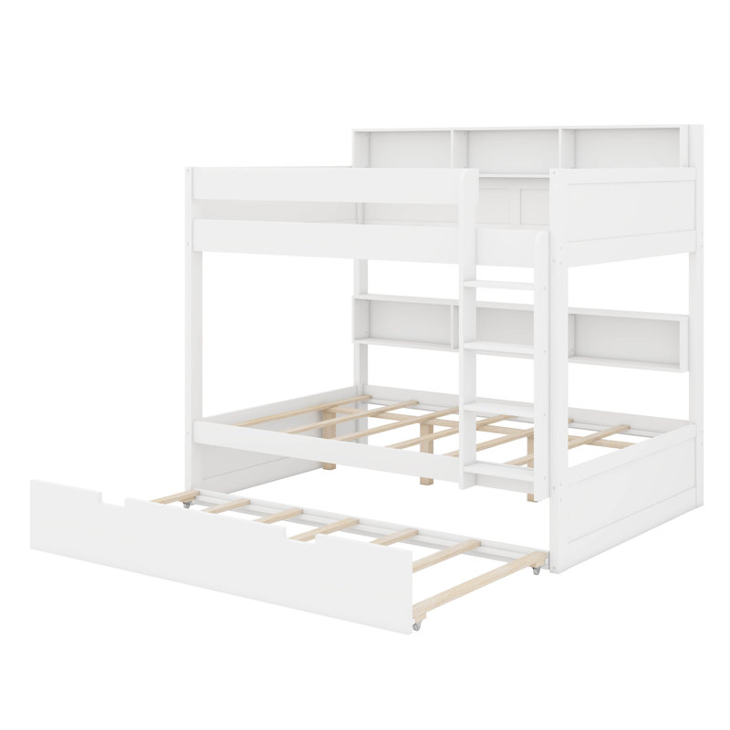 Lit superposé avec lit gigogne et tablettes de rangement intégrées, lit superposé en bois peu encombrant, Double sur double