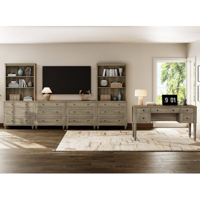Living Room Table Set 56" Farmhouse Desk & 75" TV Stand With Bookshelves, Morden Home Office Desk With Storage Cabinet, Wooden Computer Desk With File Drawers For Home Office, Wash Grey