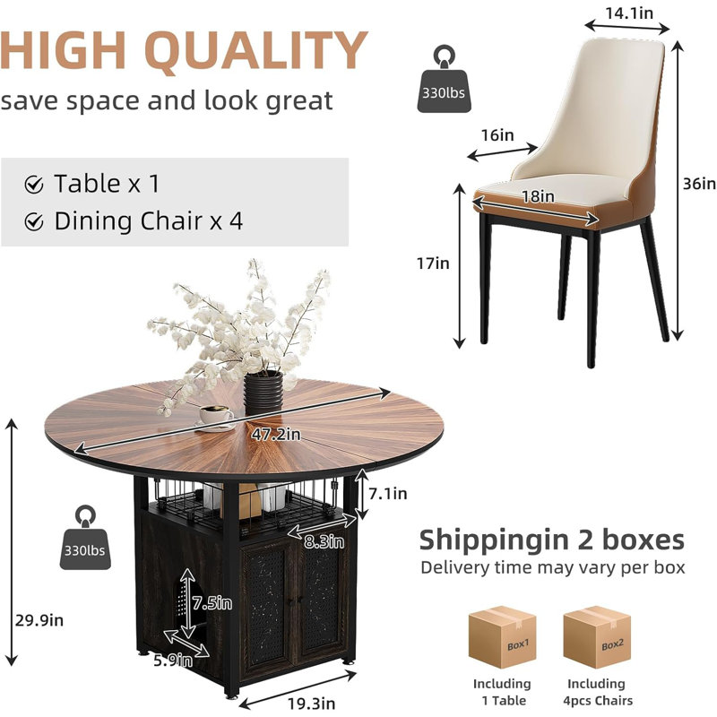 Ensemble de table de salle à manger de 47 po pour 4 à 6 personnes, table basse en métal avec support de rangement, comprenant une table pour chat et 4 chaises brunes
