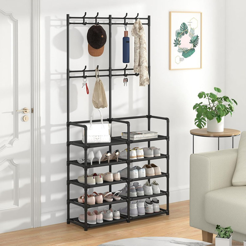Portemanteau d'entrée avec banc - Rangement pour manteau et chaussures avec 8 crochets pour la chambre à coucher, le couloir ou le bureau [Noir] - [Métal / Moderne / Entrée]