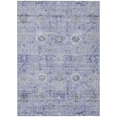 5' X 8' Blue And Gray Damask Washable Indoor Outdoor Area Rug