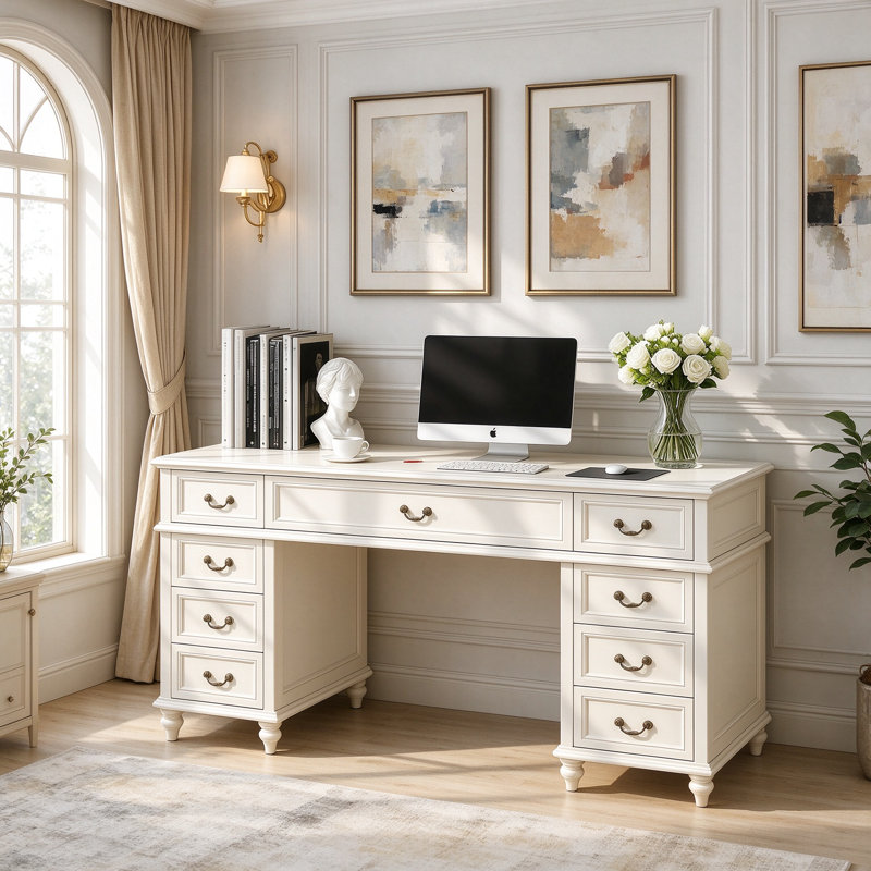 Bureau d'écriture blanc en bois massif avec 9 tiroirs, 30.7" H x 47.2" W x 20.47" D